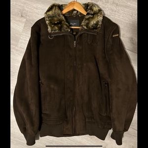Sean John Brown Suede Coat with Faux Fur Large